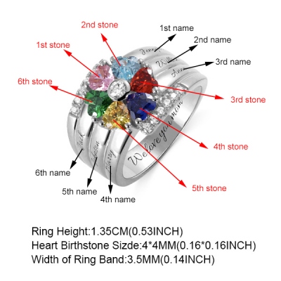 Personalized Heart Birthstone Ring With Engraving Silver