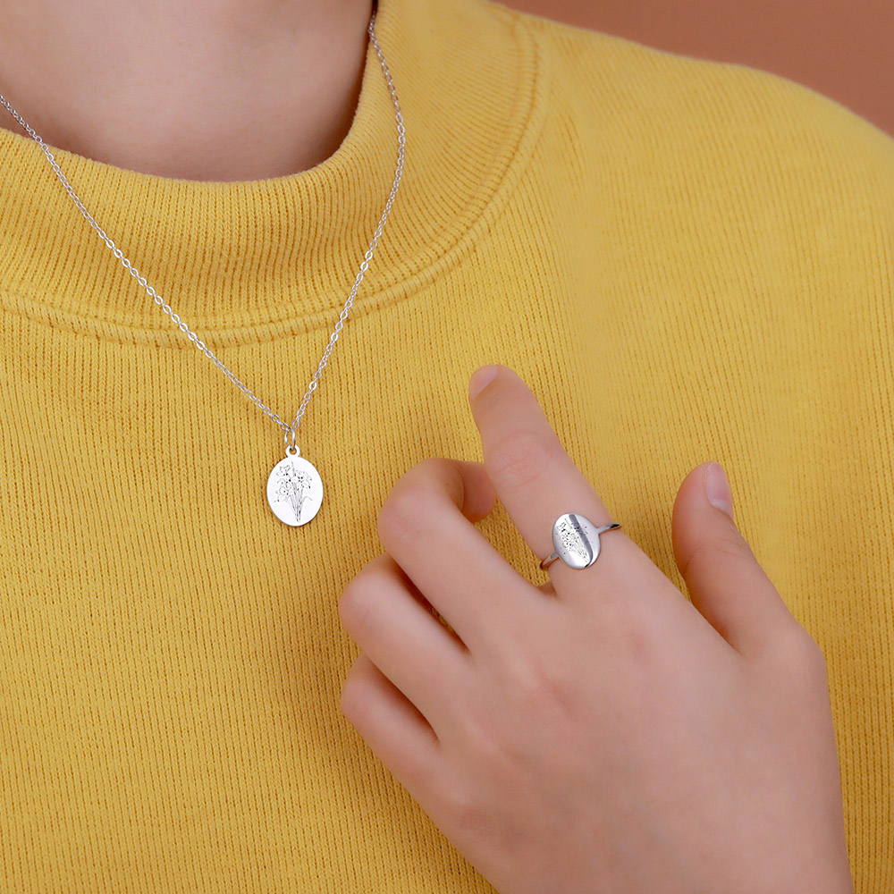 Personalized Birth Flower Necklace & Ring With Engraving