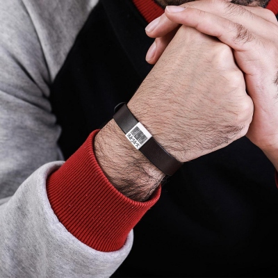 Personalized Men's Leather Bracelet with Three Fingerprints