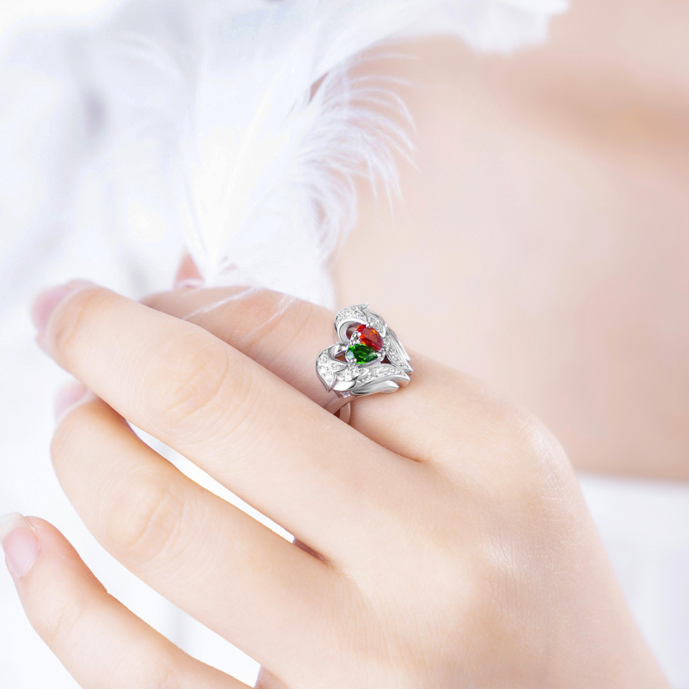 Personalized Angel Wings Ring with Two Birthstones