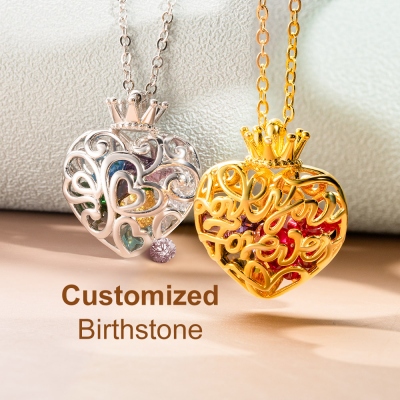 Personalized Crown Heart Cage Necklace with Birthstone