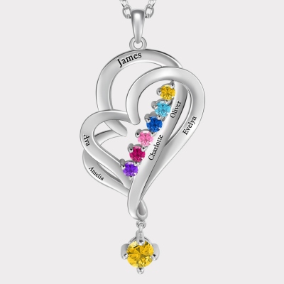 Custom 6 Birthstones & Names Double Love Heart Necklace