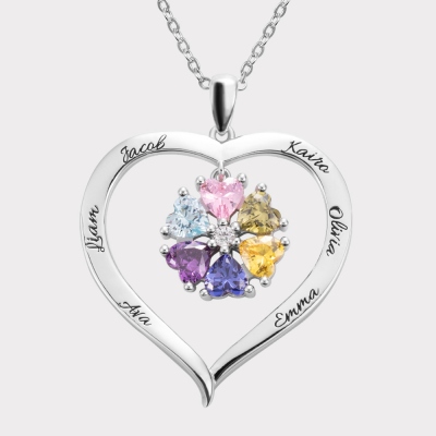 Personalized 6 Heart Birthstones Necklace with Engraving in Silver