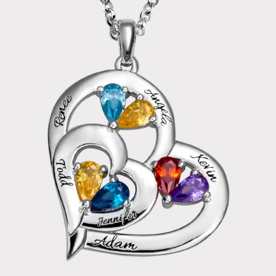 Custom 6 Heart-shaped Birthstones & Names Family Necklace