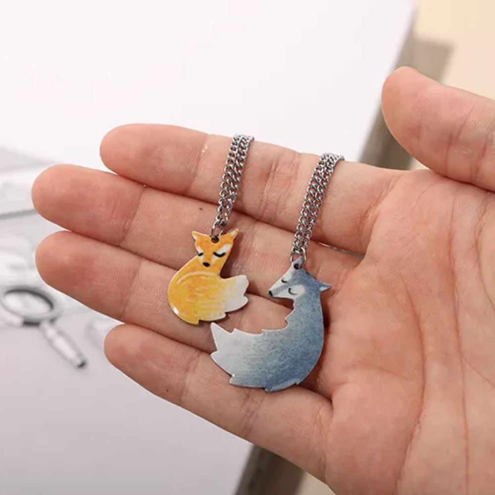 Hand-painted Fox and Wolf Couple Hug Necklace Christmas Gift