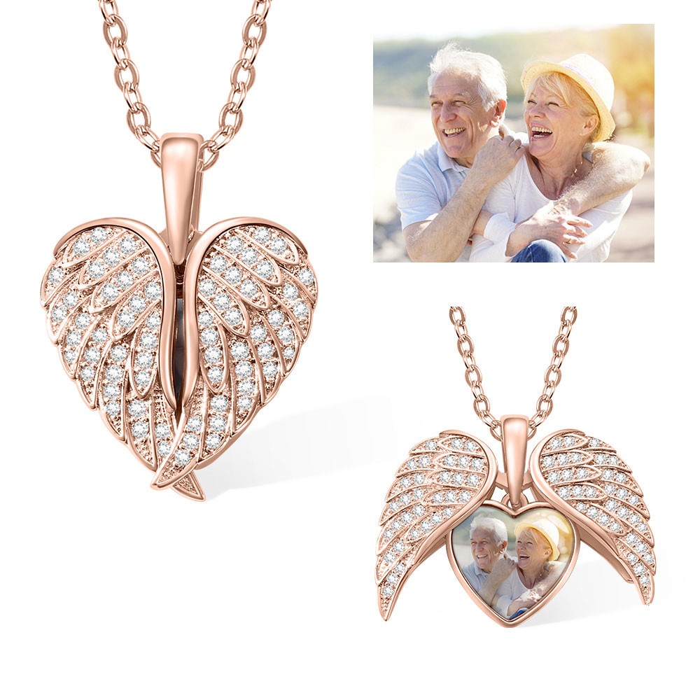 Angel Wing Necklace with Custom Photo, Heart Picture Pendant Necklace, Personalized Angel Wings Memorial Jewelry Gifts for Mom/Grandma/Her