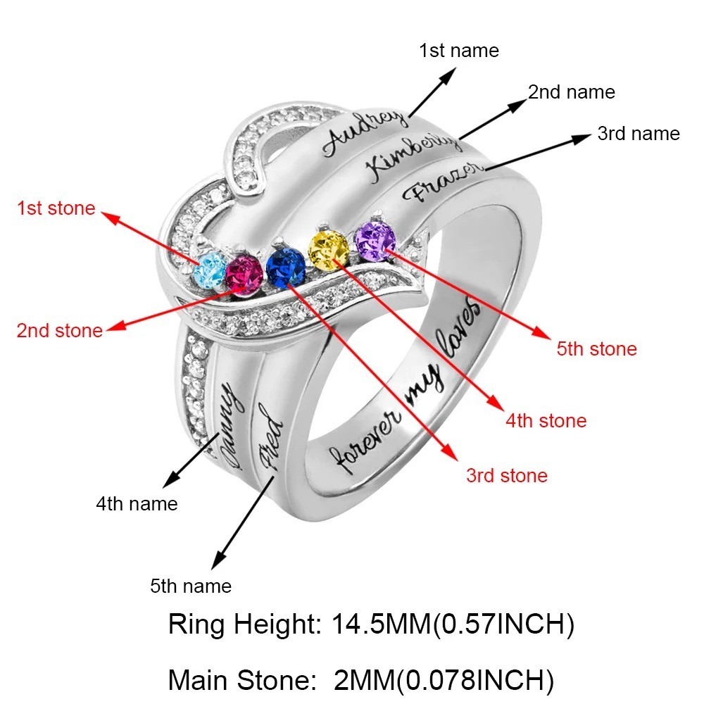 Customized Hearts and Birthstones Family Ring