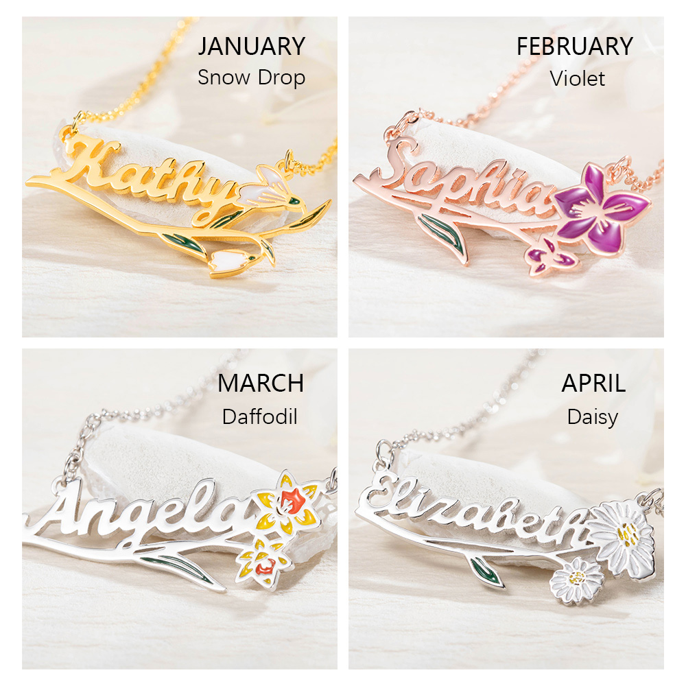 Personalized Name Birth Flower Necklace, Birth Flower Pendant Necklace ...