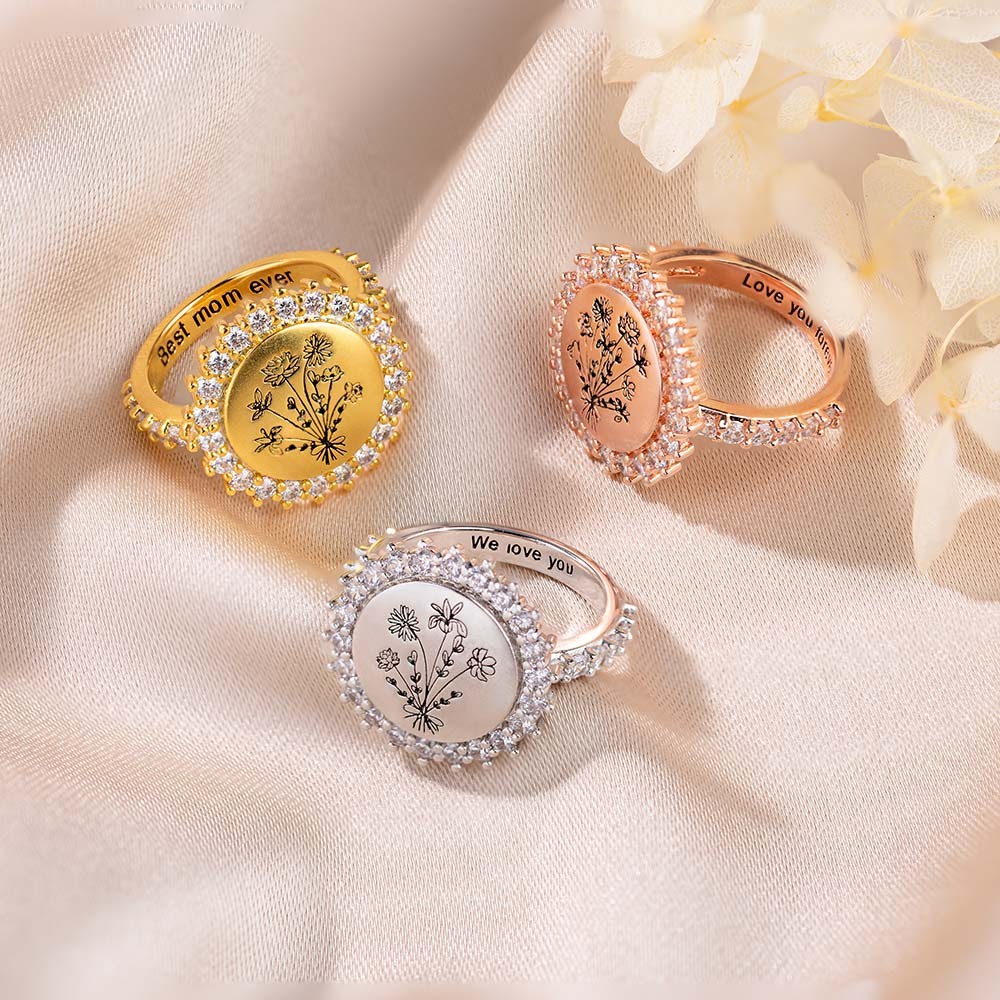 Custom 1-8 Birth Flower Circle Ring, Mother's Ring, Best Friend Ring, Women's Jewelry, Birthday/Mother's Day/Anniversary Gift for Mom/Wife/Girlfriend