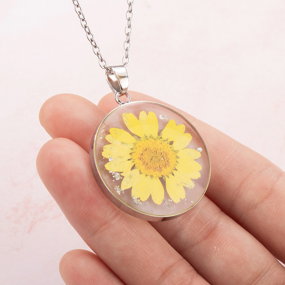 Personalized Birth Flower Necklace, Dried Pressed Flower Resin Necklace, Customized Round Pendant Jewelry, Birthday Gifts, Gifts for Women