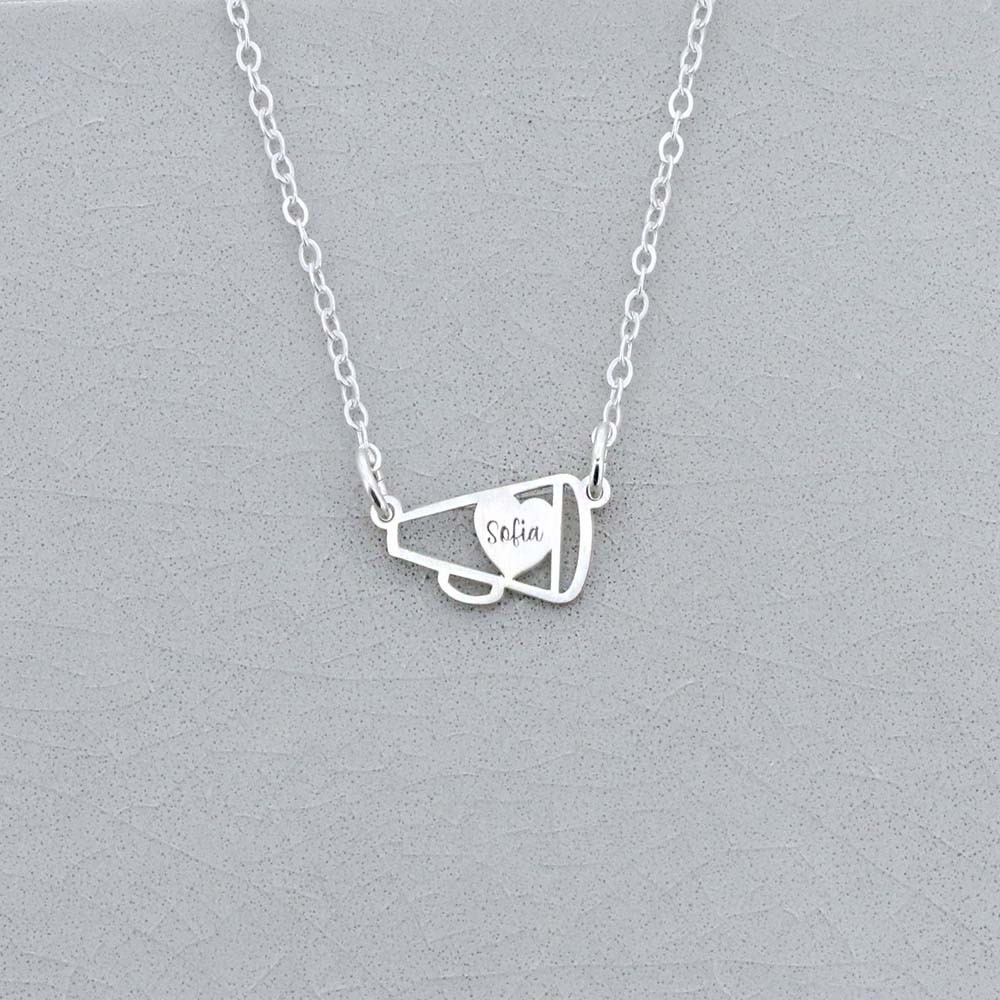 Personalized Cheer Necklace Cheerleader Gift, Pep Squad Gift, Tiny Megaphone Charm, Sterling Silver 925 Cheer Coach Jewelry