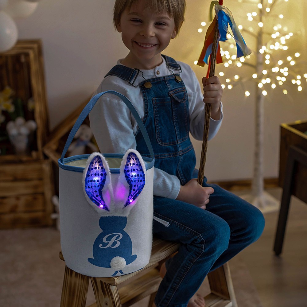 Personalized Easter Bunny Glow Basket, Custom Initial Easter Glow Ornament, Easter Candy Gift Bag, Easter Bunny Tote, Easter Gift for Kids/Family