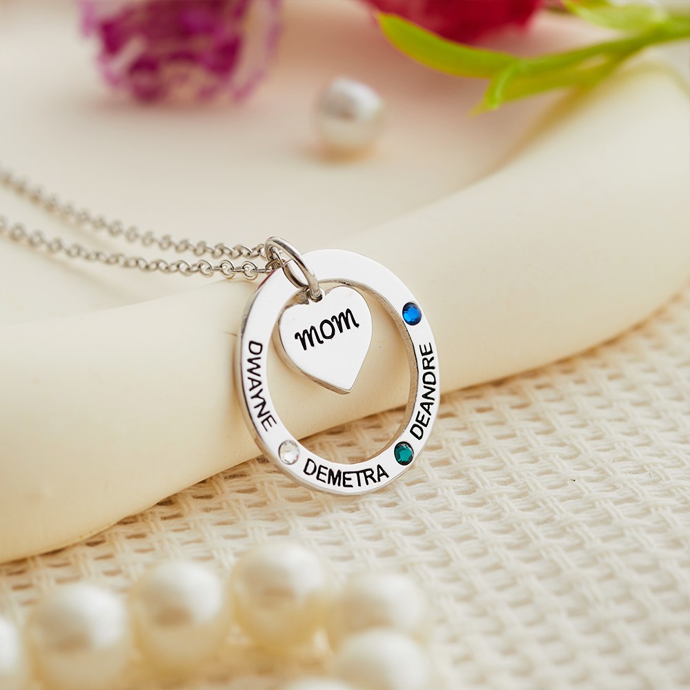 Birthstone Necklace with Heart & Ring Pendant, Necklace with Custom 1-7 Birthstones & Names, Jewelry for Grandma/Mother