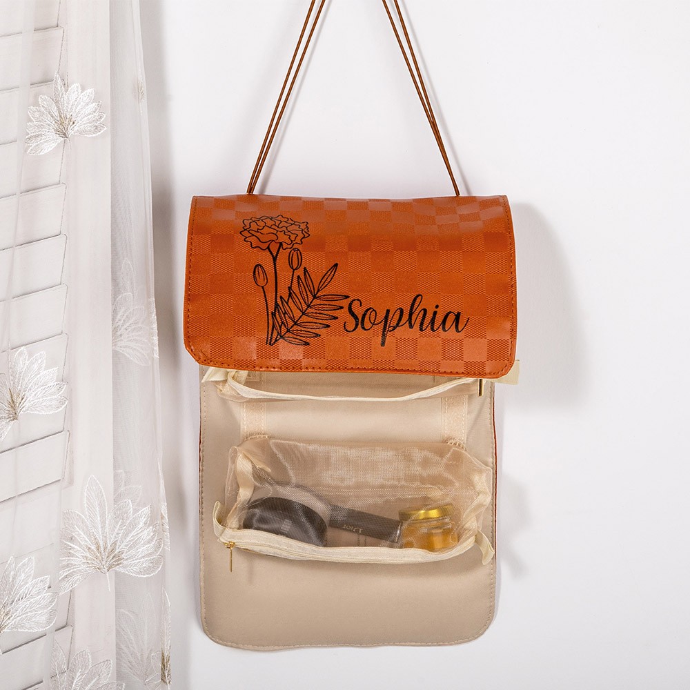 Bolsas de viagem cosméticas personalizadas com nome e flores de nascimento, organizador de maquiagem dobrável, bolsa de maquiagem, bolsa de higiene suspensa para mulheres, bolsa de fim de semana