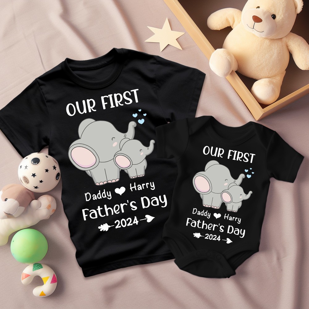 Benutzerdefinierte Elefanten-Namen-Eltern-Kind-Shirts, Vater-Sohn-passende Shirts, Familien-Shirts, Baumwoll-T-Shirts/Strampler, Vatertagsgeschenk für Papa/Opa