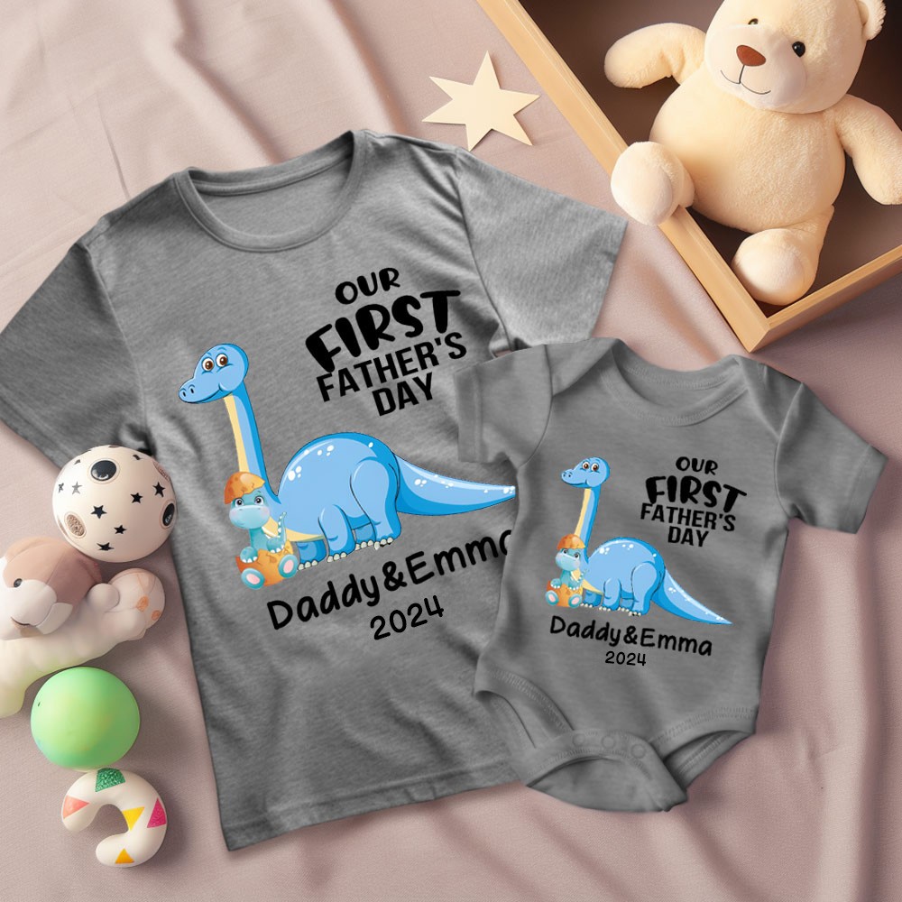 Personalized Brachiosaurus Name Parent-child T-Shirts, Our First Father's Day Shirt, Cotton Father & Baby Matching Shirts, Gift for Dad/Grandpa