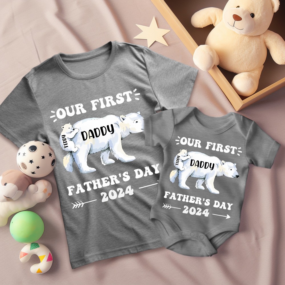 Personlig T-shirt för isbjörn och isbjörnsbebis, vår första fars dagskjorta, isbjörnsskjortor, matchande bomullströja, present till pappa/nyfödd