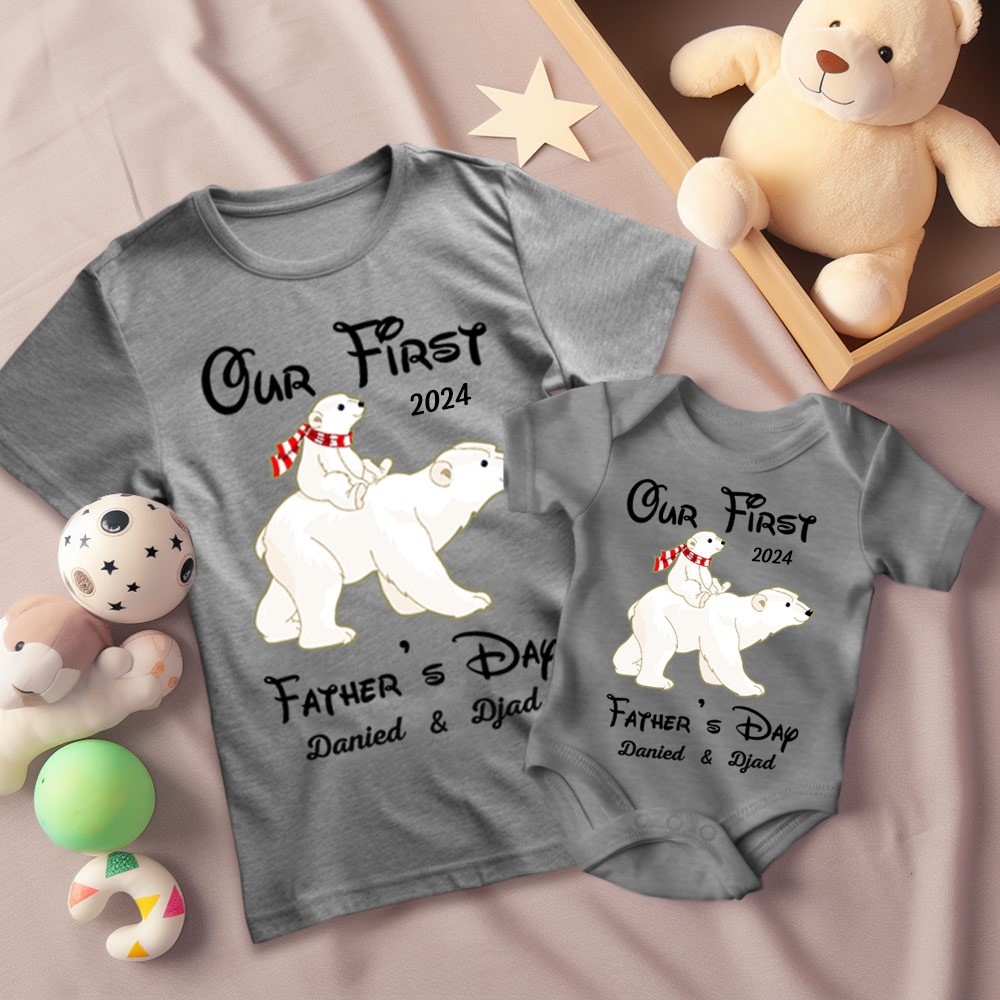 Custom Polar BearT-Shirt &amp; Baby Rompers, Vår första fars dag skjorta, familjepresent, bomull matchande skjorta, fars dag present, present till pappa/bebis