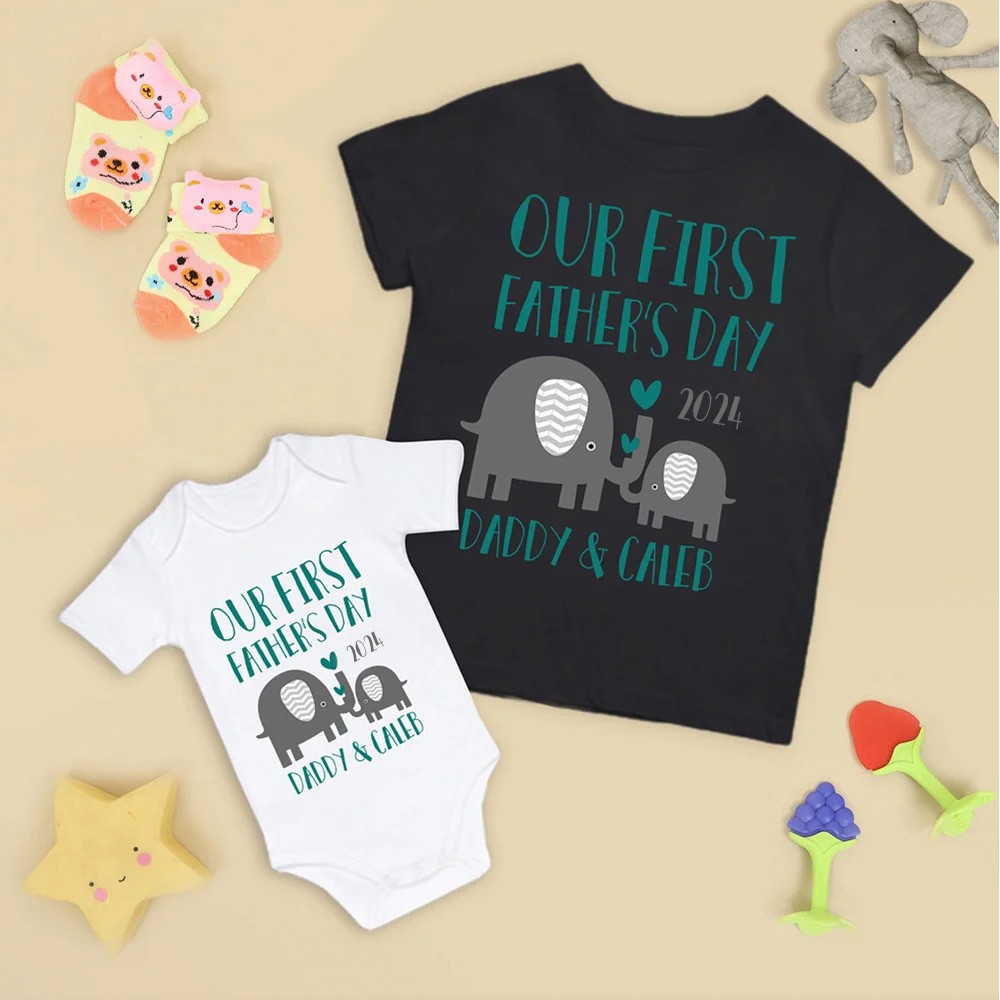 Personalisierte Elefanten-Eltern-Kind-Shirts, unser erstes Vatertagsshirt, Elefantenshirt, Baumwoll-Vater- und Baby-passende Shirts, Geschenk für Papa/Opa
