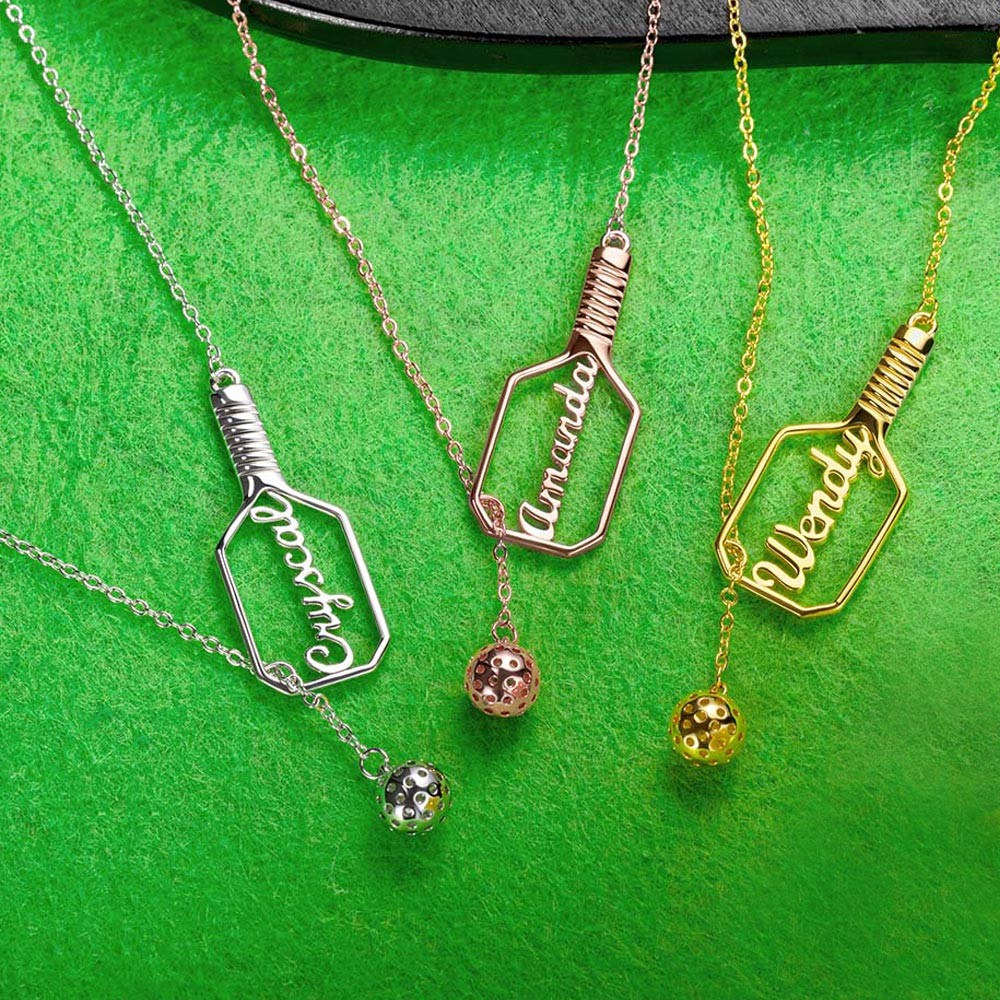 Personalized Name Pickleball Lariat Paddle & Ball Necklace, Sterling Silver 925 Sports Jewelry, Gift for Pickleball Lovers/Family/Friends