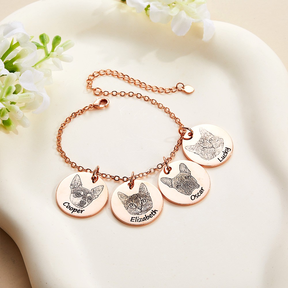 Bracelet gravé personnalisé avec portrait d'animal de compagnie, petit bracelet en argent sterling, bijoux commémoratifs pour animaux de compagnie, cadeau d'anniversaire pour amoureux des animaux de compagnie/maman de chien/maman de chat
