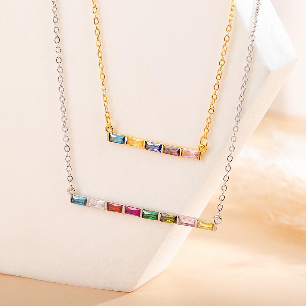 Personalized Rectangular Birthstones Pendant Necklace, Family Birthstones Necklace, Sterling Silver 925 Jewelry, Birthday/Mother's Day Gift for Women