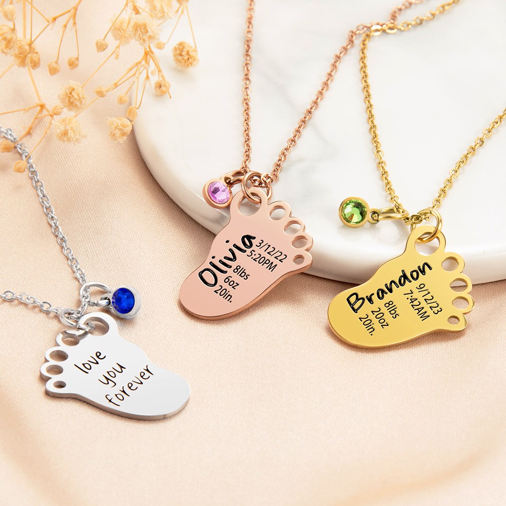 Mother's Day Jewelry – New Baby Footprint Necklace With Birthstone & Name – Stainless Steel