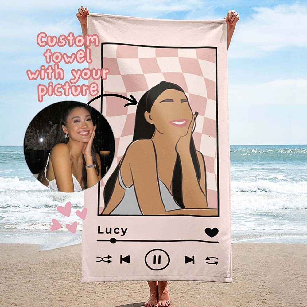 Personalized Cartoon Avatar Beach Towel, Custom Name Bath Towel, Customized Pool Towel, Beach Towel with Name, Outdoor Birthday Holiday Gift, Picnic Towel