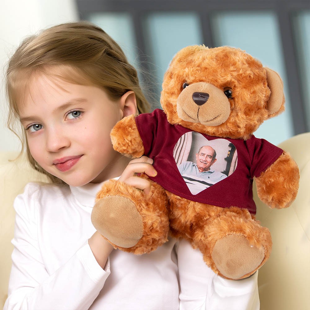 Personalized Cute Plush Stuffed Memory Bear With Heart Photo Shirt or Hoodie, Picture Teddy Bear, Memorial Anniversary Gift for Family Friend