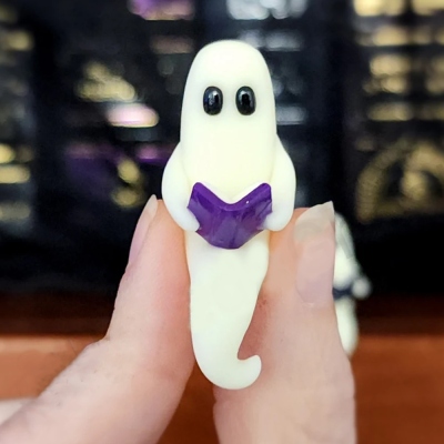 Pet Ghost Reading a Book, Miniature Shelf Sitter Figurine, Handmade Halloween Decoration, Spooky Cute Glow in the Dark