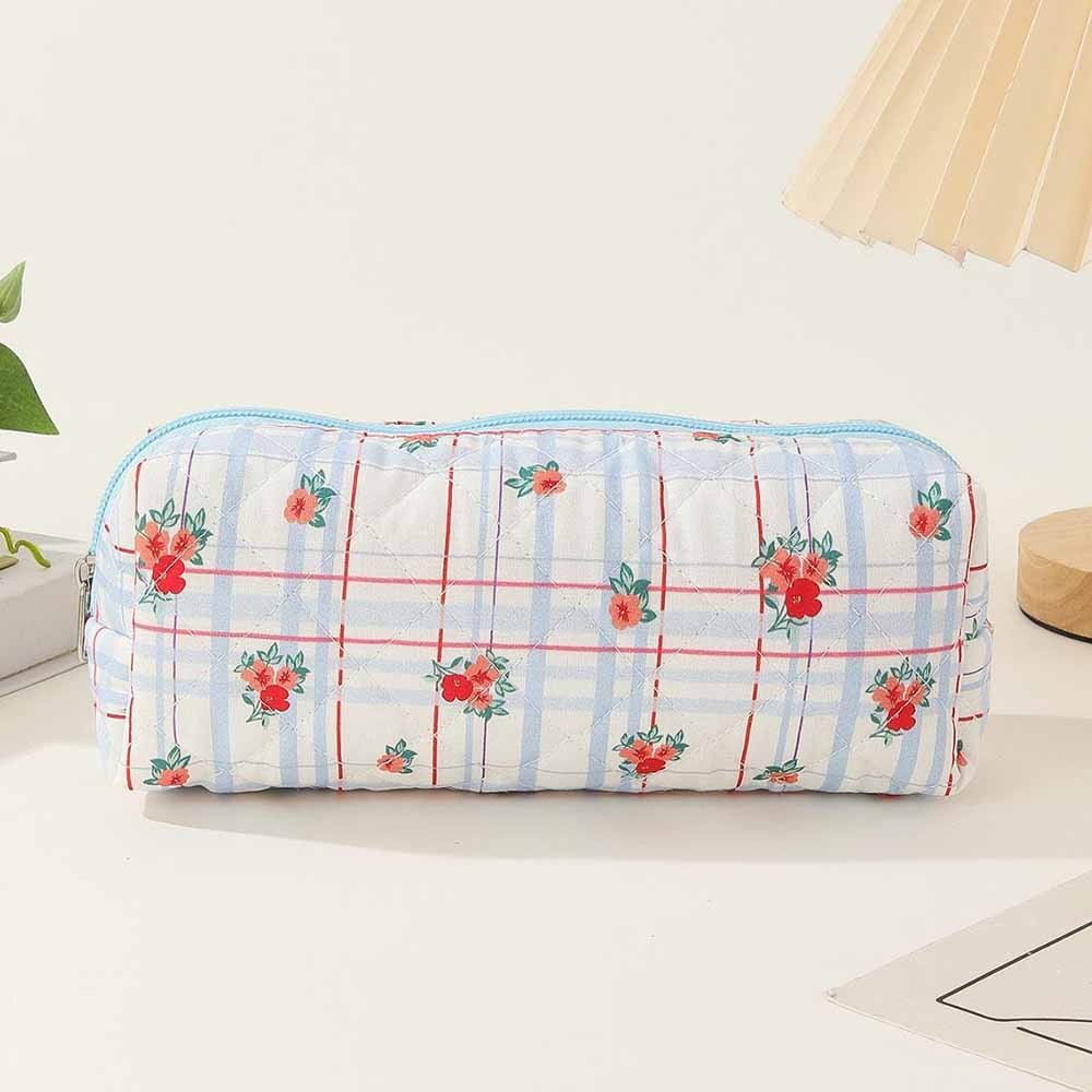 Personalized Name Plaid Floral Quilted Cotton Pencil Case, Cute Creamy Blue Cosmetic Bag, Small Capacity Makeup Bag, Embroidered Makeup Bag