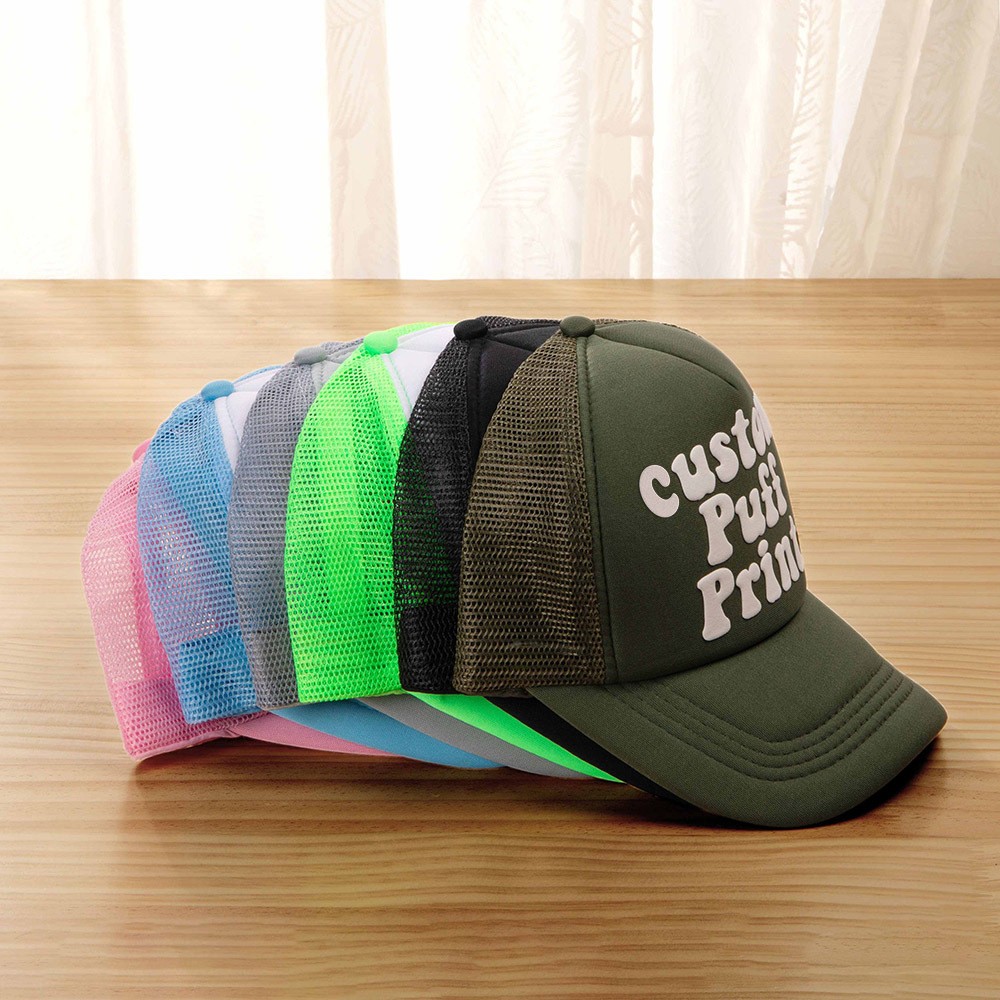 Trucker-Mütze mit PUFF-Print, personalisierte Schaumstoffmütze, 3D-Puff-Print, Baseball-Kappe, Trucker-Mütze mit Netzrücken, 5-Panel-Mütze