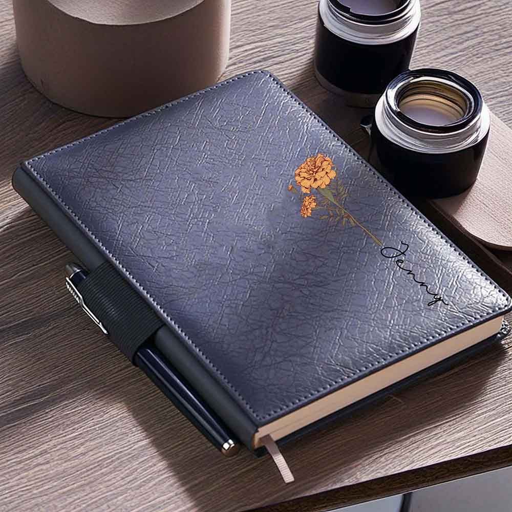 Custom Name Birth Flower Notebook, Personalized Birthday Flower Diary, Notebook with Pen Holder, Customized Name Diary, Birthday Gift