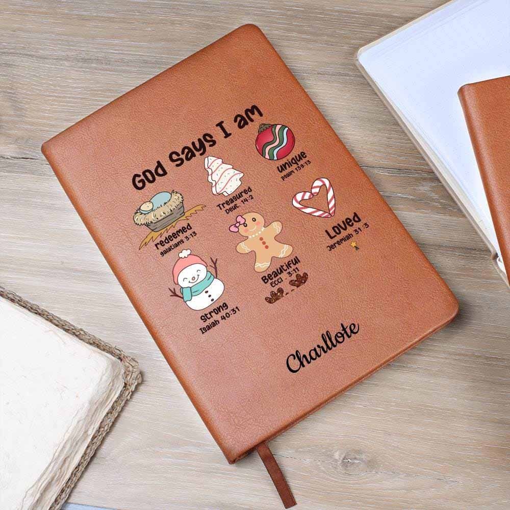 God Says Personalized Christmas Gift Leather Journal, Gift for Christian Women, Personalized Christmas Religious Gift, For Christian Friend