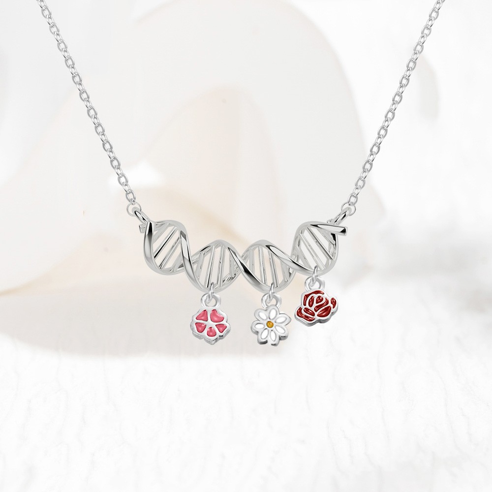 DNA Science Molecule Necklace with Birth Month Flower, Double Helix Pendant, Family Birth Flower Jewelry, Mothers Day Gifts for Mom, Doctor Gifts, Science Gifts