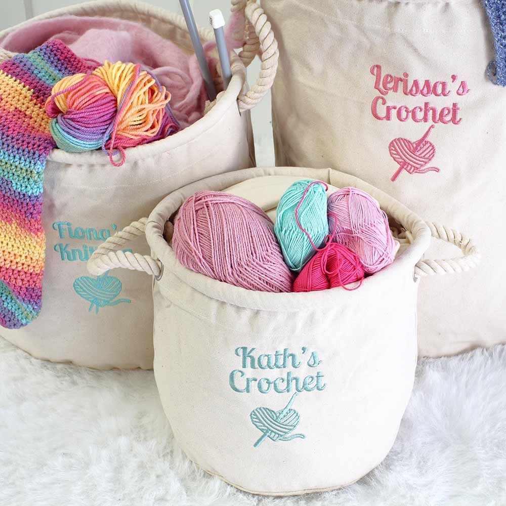 Personalized Name Knitting Storage Basket, Canvas Storage Basket for Crochet, Christmas Gift, Birthday Gift, Gift for Her