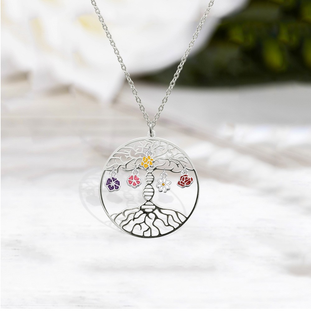 Personalized DNA Tree of Life Necklace with Birth Month Flowers, Family DNA Jewelry, Double Helix Biology Jewelry for Grandma/Mom/Her