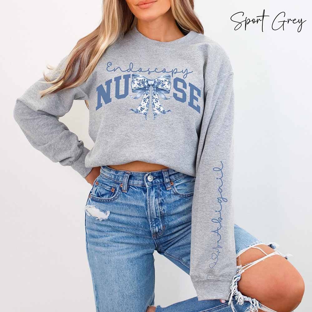 Personalized Endoscopy Nurse Bow Sweatshirt, Endoscopy Nurse Shirt, Endoscopy Shirt, Blue Ribbon Sweater, Endoscopy Gift, Endoscopy RN Shirt