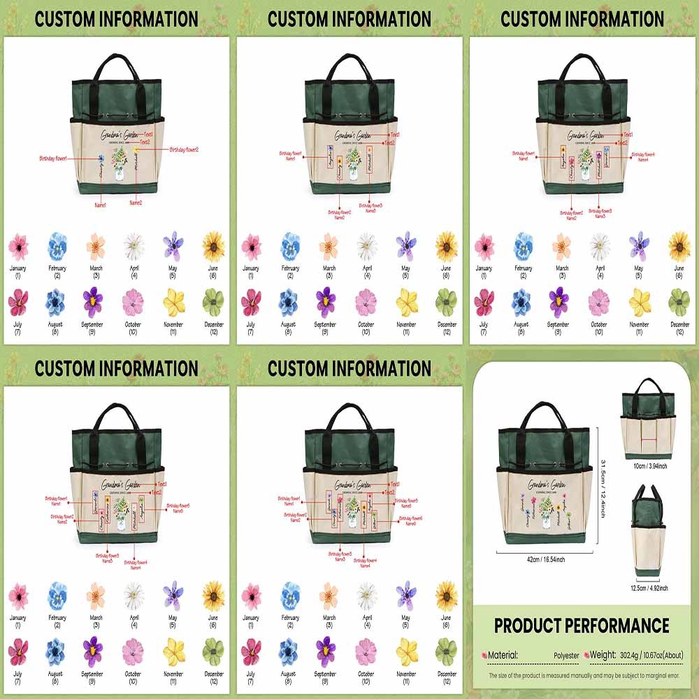 Gardening Tool Bag, 2~6 Names Birth Flower, Garden Tote Bag, Plant Person Gift, Gift for Green Thumb, Gardening Gifts for Women, Gift for Grandma