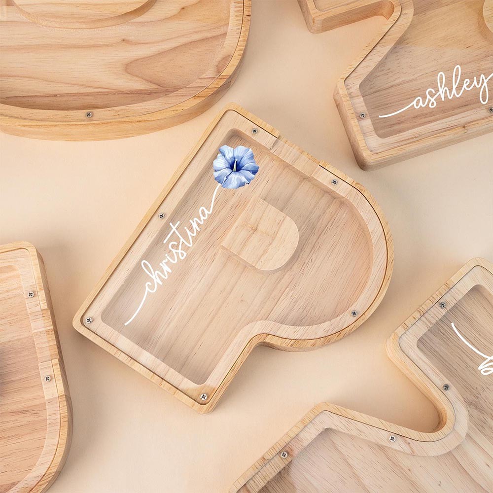 Personalized Name Letter Piggy Bank with Birth Flower, Kids Wooden Money Box, Custom Initial Coin Bank, Birthday Gift, Xmas Gift for Child/Baby