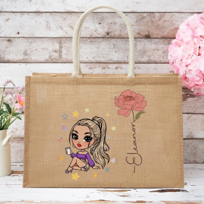Personalized Fashion Girl Jute Bag with Birth Flower & Name, Large Capacity Burlap Tote Bag, Shopping Bag, Birthday/Christmas Gift for Women/Girls