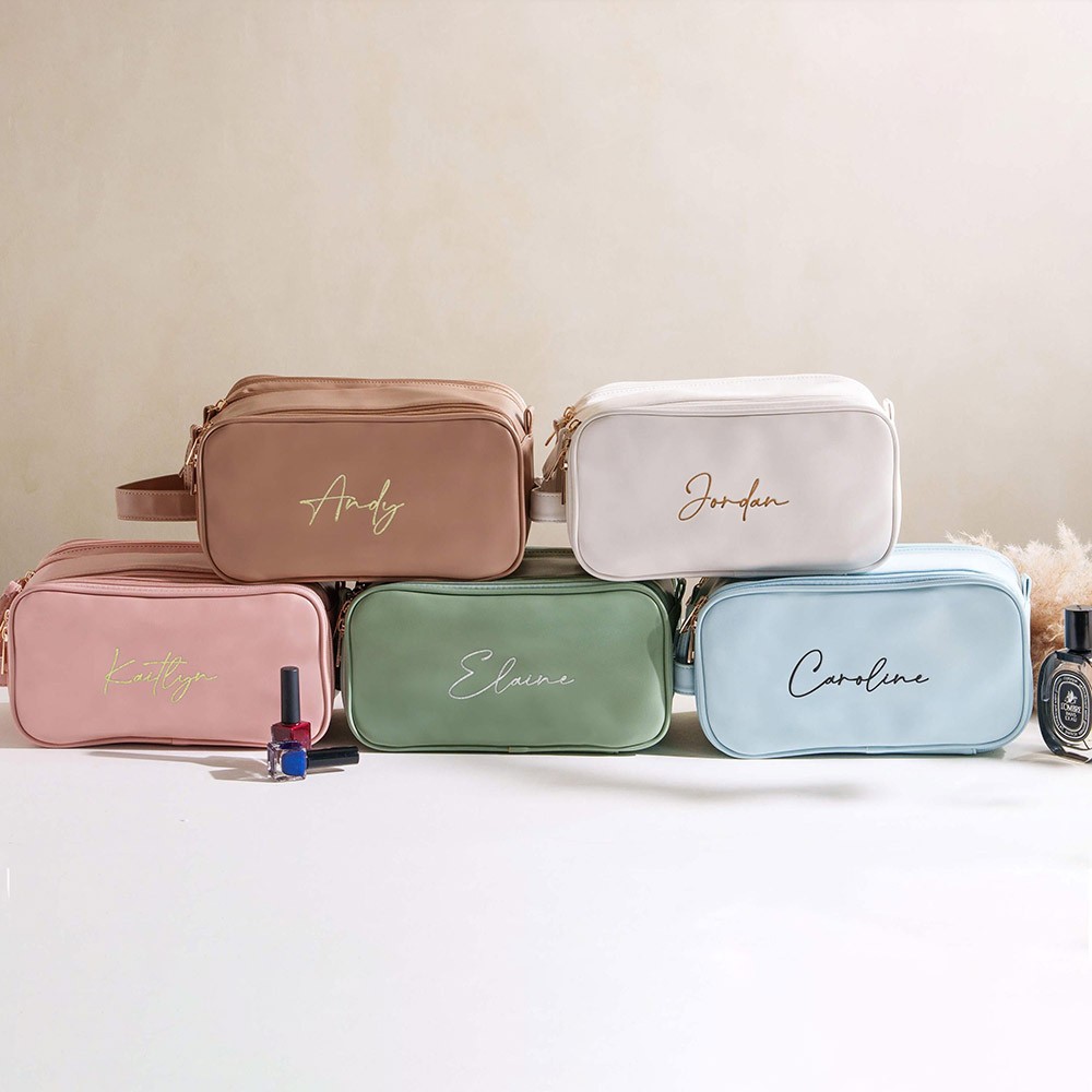 Personalized Embroidered Name Bag, Custom Leather Toiletry Bags, Large Capacity Cosmetic Bag, Makeup Organizer with Multiple Compartments, Christmas/Bridesmaid Gift for Her