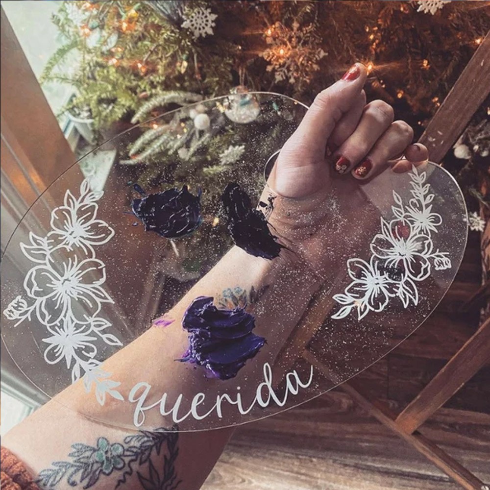 Custom Name Clear Acrylic Paint Palette, Flowers and Name/Words, Artist Gift
