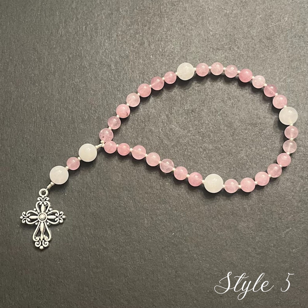 Pink Opal (October Birthstone) & White Jade Protestant Prayer Beads, Episcopal, Methodist, Anglican Rosary