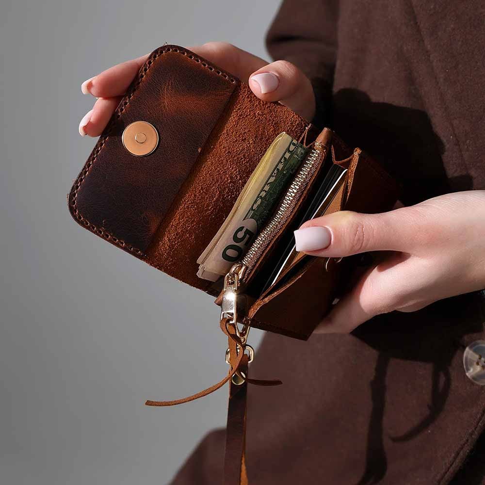 Personalized Women Leather Wallet with Flower, Custom Leather Wristlet Zippered Coin Pocket, Engraved Leather Money & Card Holder Gift Her