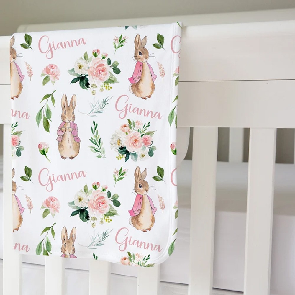 Peter Rabbit Baby Name Swaddle, Greenery Boy Blanket, Personalized Receiving Blanket, Baby Shower Gift, Custom Boy Bedding, Eucalyptus,