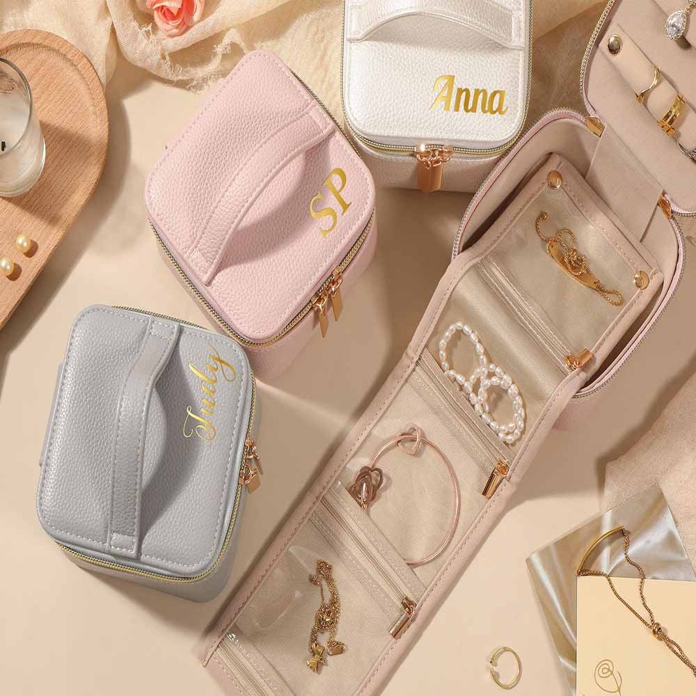 Personalized Leather Jewelry Box, Name Travel Jewelry Case, Bridesmaid Proposal, Custom Bridal Party Gift, Wedding Favor, Valentines Day Gifts