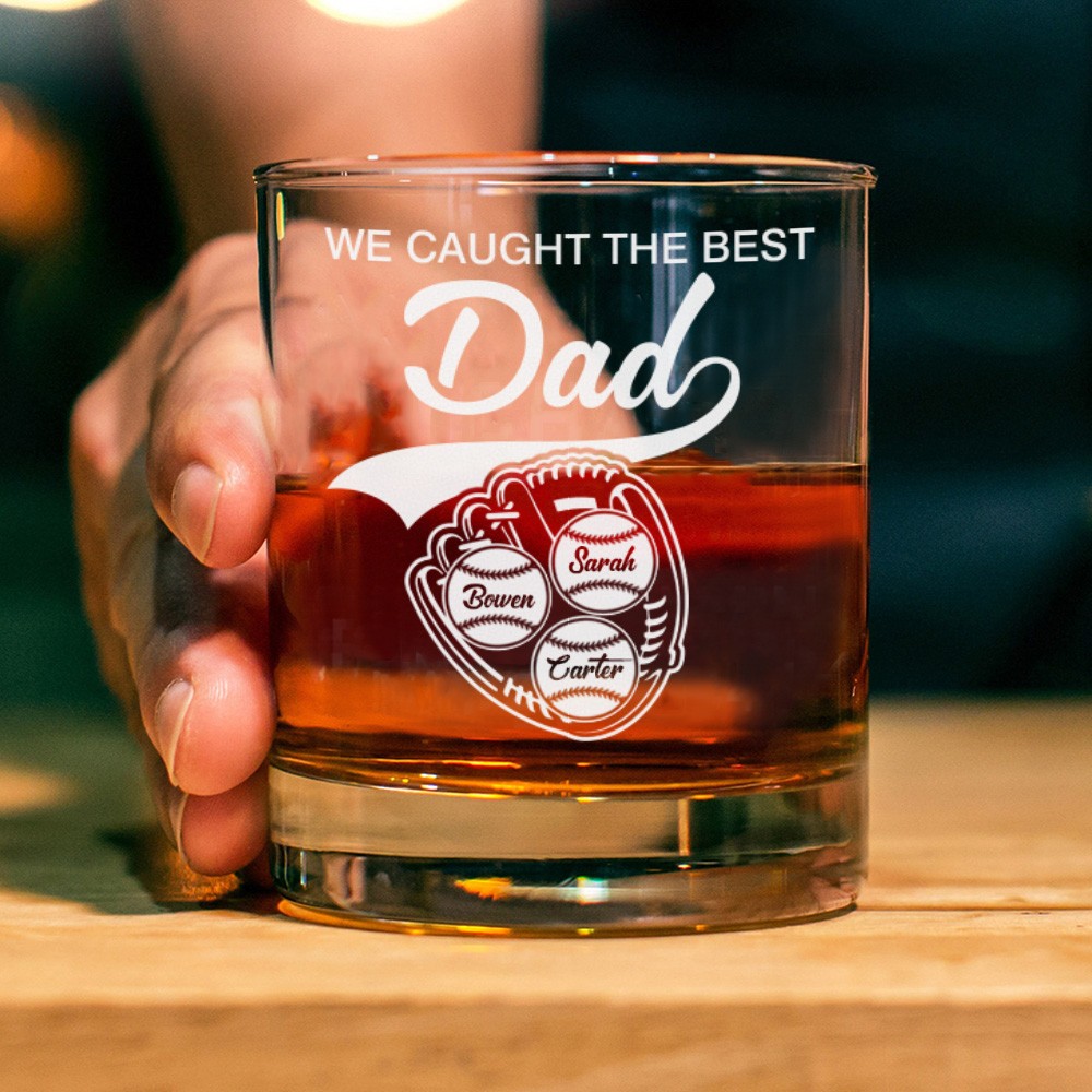 Personalized We Caught The Best Dad, Personalized Whiskey Glass Gift For Him, Custom Kid's Name Baseball, Father's Day Gifts, Gifts for Dad