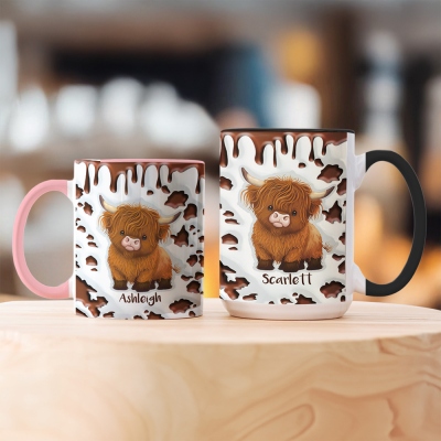 Personalized Highland Cow Mug with Name, 11oz/15oz Two Tone Ceramic Coffee Tea Mug with Coaster, Birthday/Christmas Gift for Highland Cow Lovers