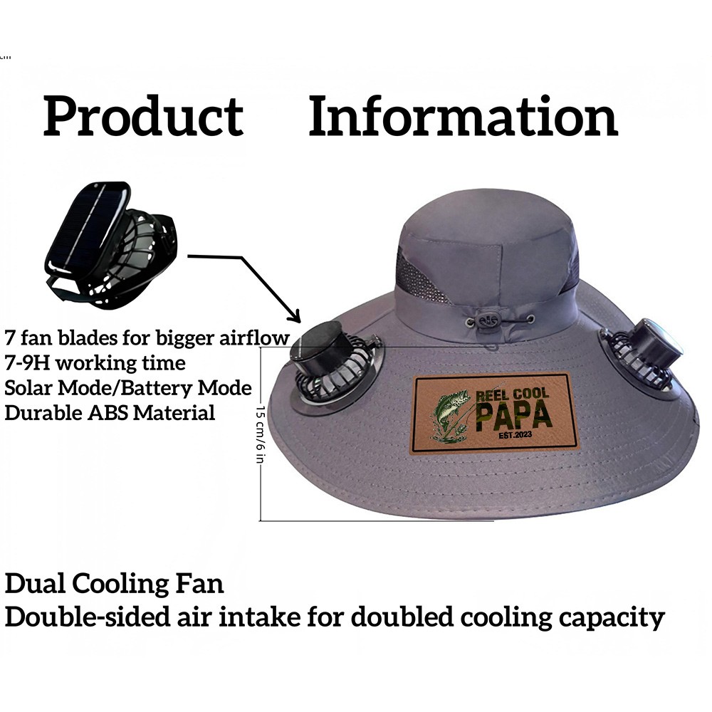 Personalized "Reel Cool Dad" Hat with Dual Fans – Solar & Battery Powered Wide Brim Sun Hat for Outdoor Work & Fishing, Custom Gift for Dad,Grandpa